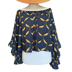 NWOT Navy Off-Shoulder Top Ruffled Angel Sleeves with Yellow Feather Print Top
